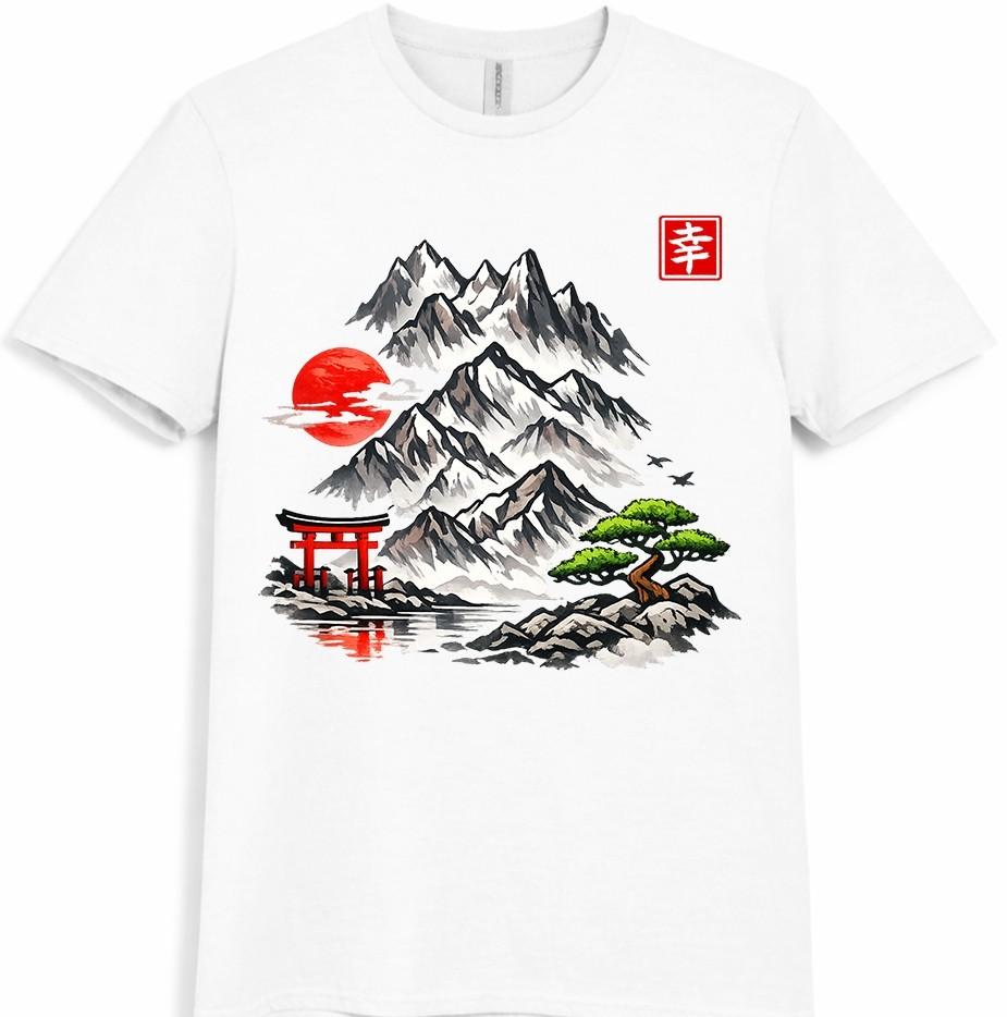 Japanese Landscape T Shirt Mountain Sakura Bonsai Art Graphic Tee