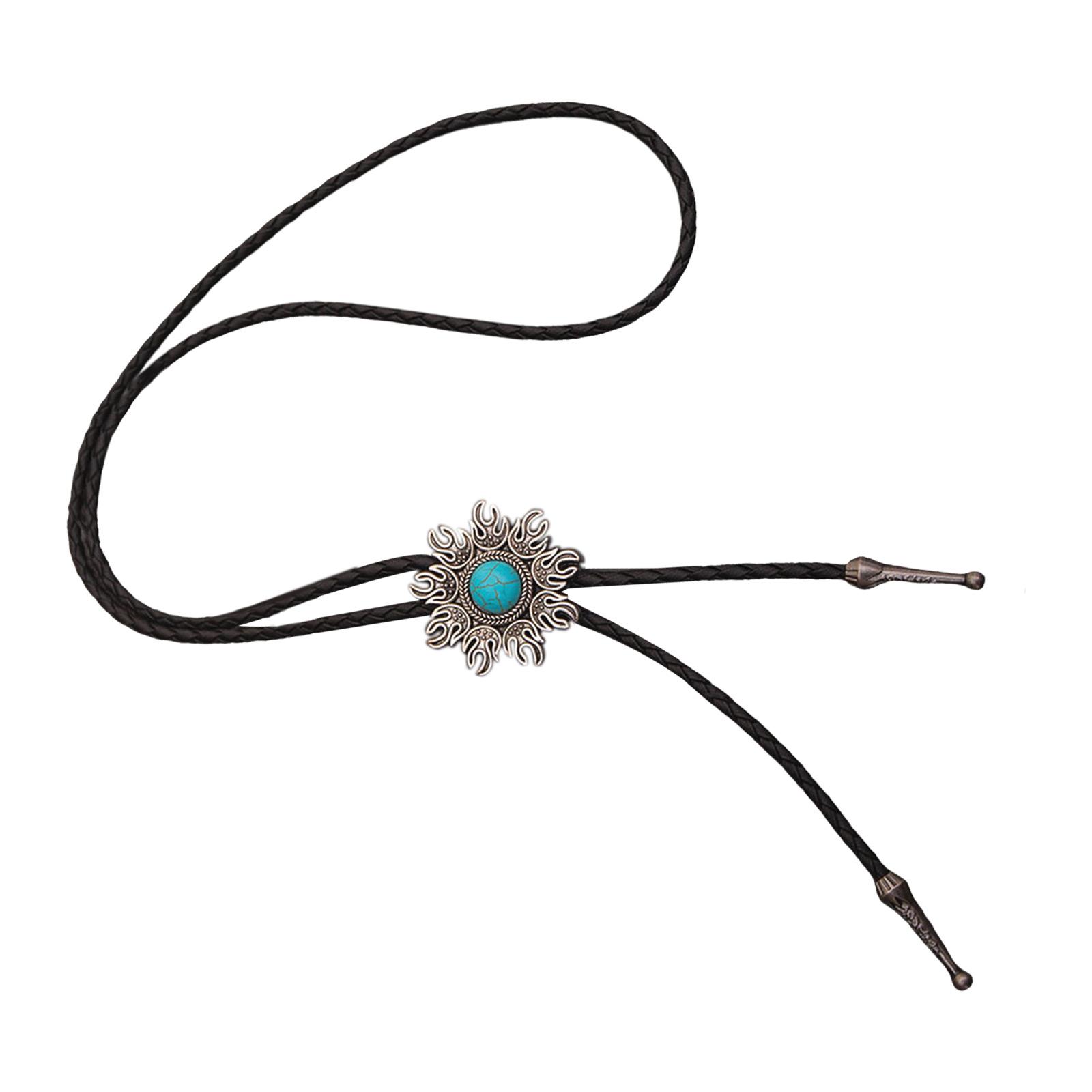 

Vintage Bolo Tie Necktie Leather Braided Rope Necklace with Metal Flower Trim Stone Pendant Jewelry Neckwear for Men s