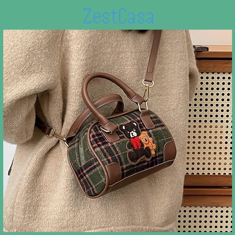 Small Retro Artistic Bear Embroidery Check Pattern Handbag For Outings Casual