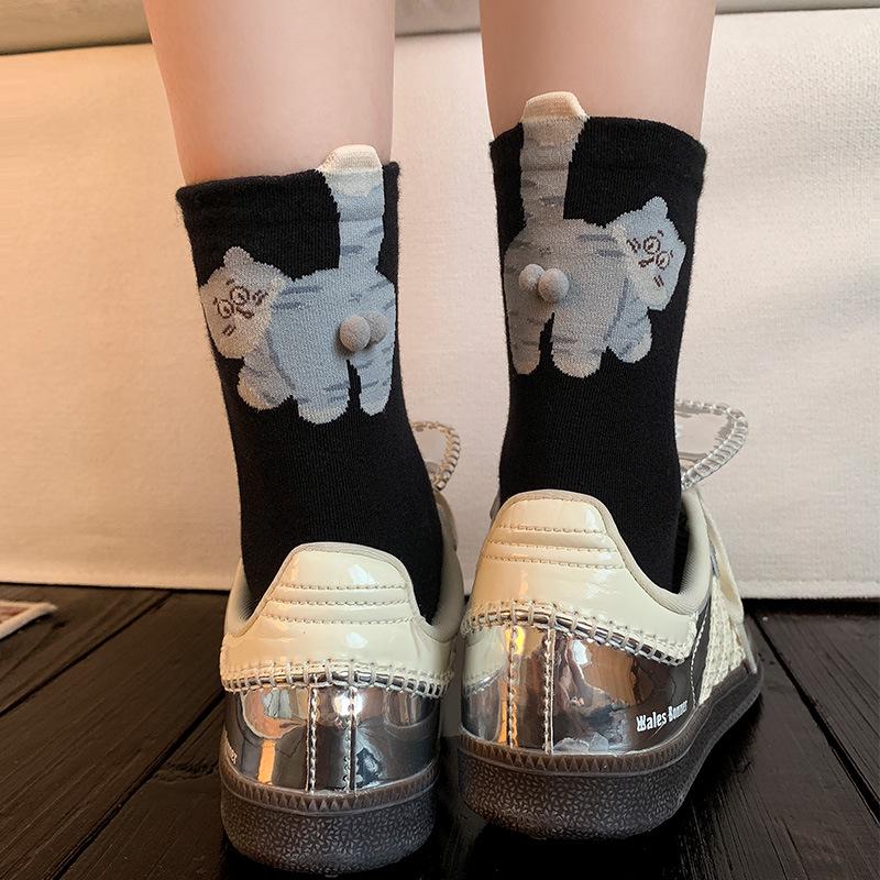 Japanese Style Cute Cartoon Cat Socks - Women's Mid-Calf Pure Cotton Funny Summer Outerwear