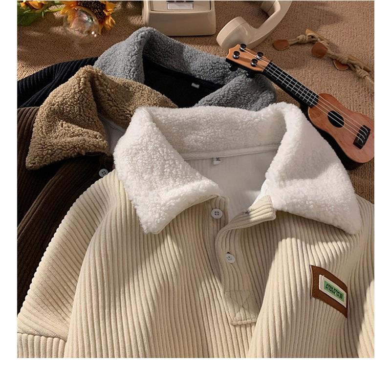 Felpa Uomo in Velluto a Coste con Collo a Polo Vestibilità Larga Manica Lunga Top Casual