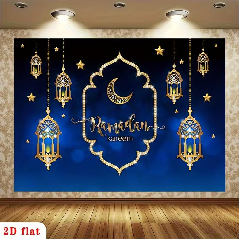 

2D Ramadan Kareem Wall Tapestry Blue Gold Crescent Lantern Background Cloth 47.2x31.5inch/120*80cm