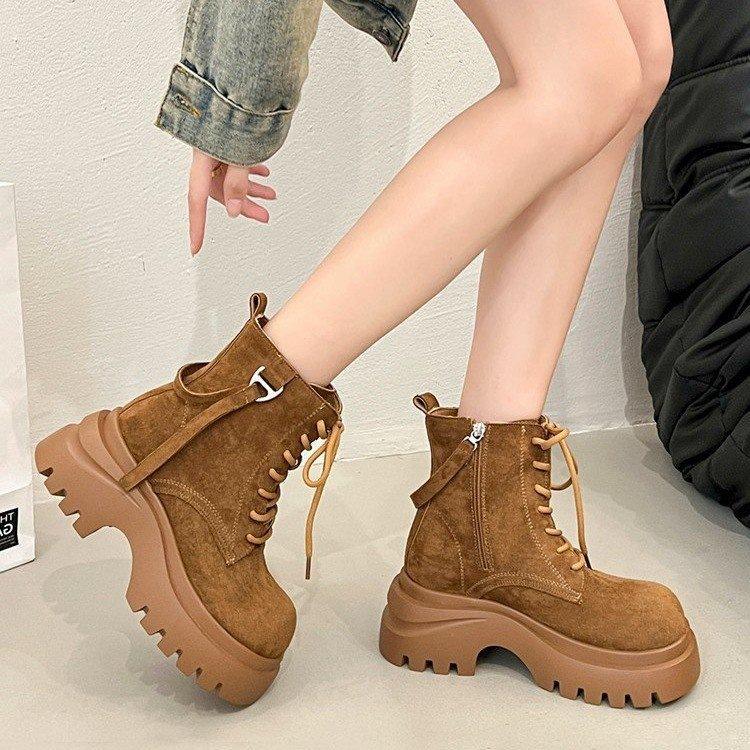 Side zipper short boots 2025 autumn new retro locomotive boots small thick sole heightening lace-up Martin boots women