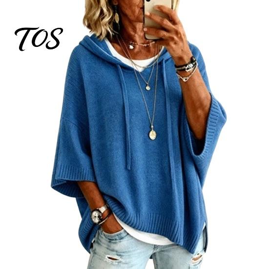 Long Sleeve Tops Autumn Women Knit Pullover Sweater, Loose Fit Drawstring Hooded Oversized Sweaters 3/4 Drop Shoulder Solid Color Casual Sweater Soft