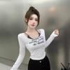 Pure desire hottie sexy one-word shoulder top women's autumn American red long-sleeved t-shirt slim-fitting U-neck bottoming shirt