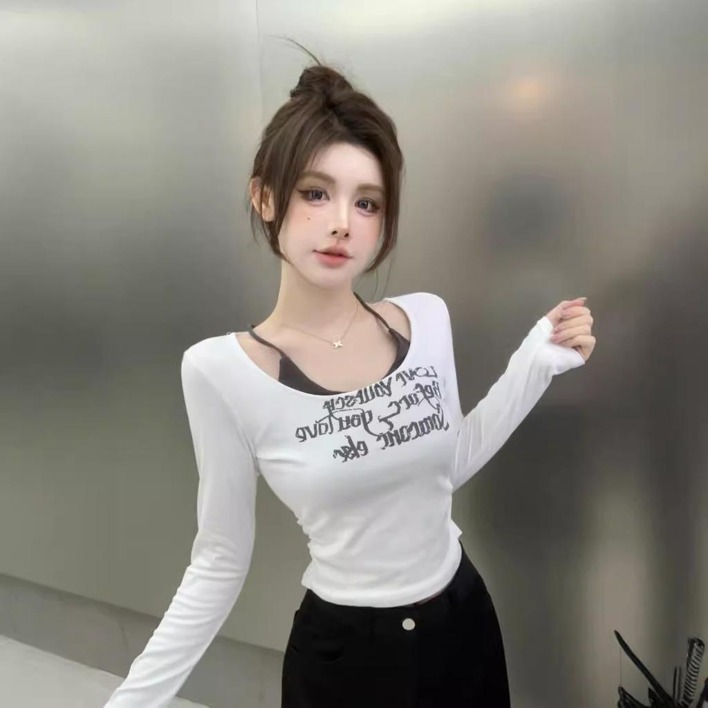 Pure desire hottie sexy one-word shoulder top women's autumn American red long-sleeved t-shirt slim-fitting U-neck bottoming shirt
