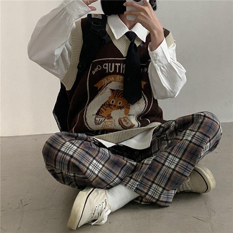 Sweater Vest Women Kawaii Cat Waistcoat Streetwear Knitting Chic Fashion College All-match Harajuku Y2k Vests