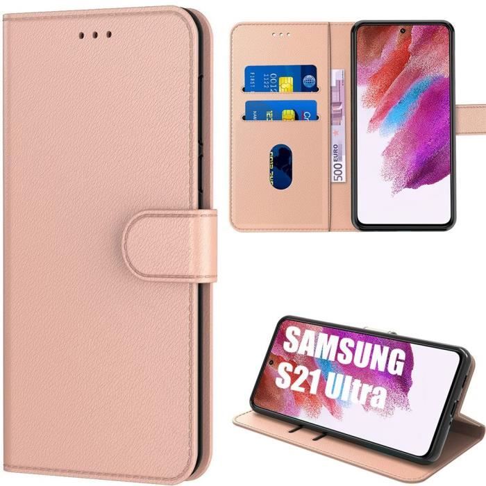Coque de Protection - BOOLING - pour Samsung Galaxy S21 Ultra - Anti-Choc - Portefeuille - Effet Cuir - Rose