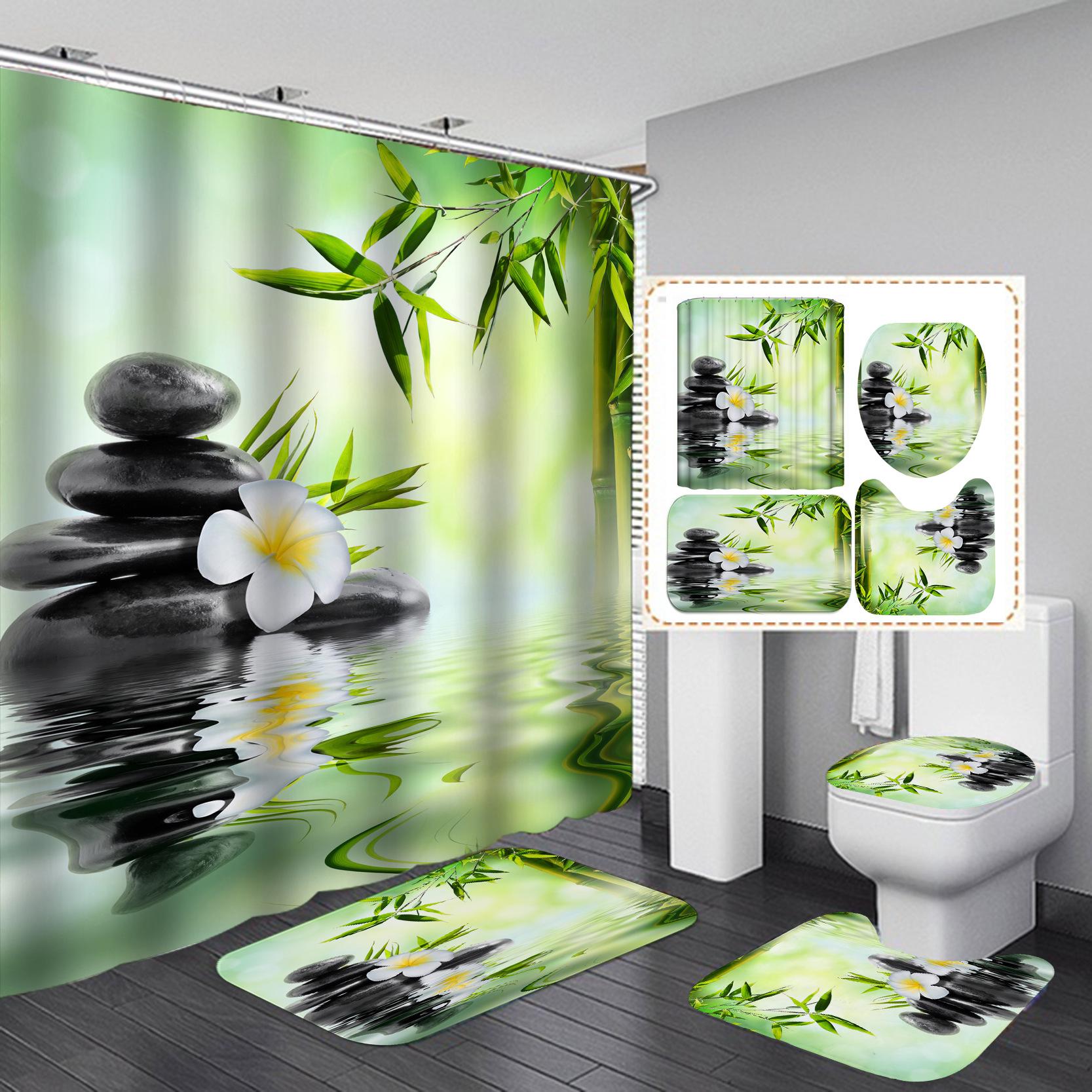 

Комплект занавесок для душа из полиэстера высокой четкости: Водонепроницаемый, устойчивый к проколам, дизайн Mangosteen для перегородки ванной комнаты 3-piece set (mat + U-shaped + toilet lid) - 320g