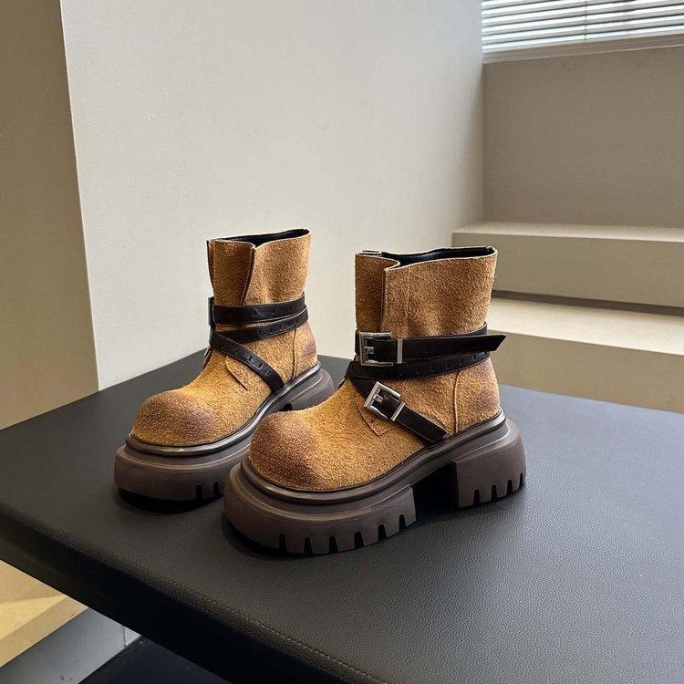 Spice Girl Style Retro Platform Martin Short Boots New Fashion Polish Color Increase Versatile Belt Buckle Single Boots