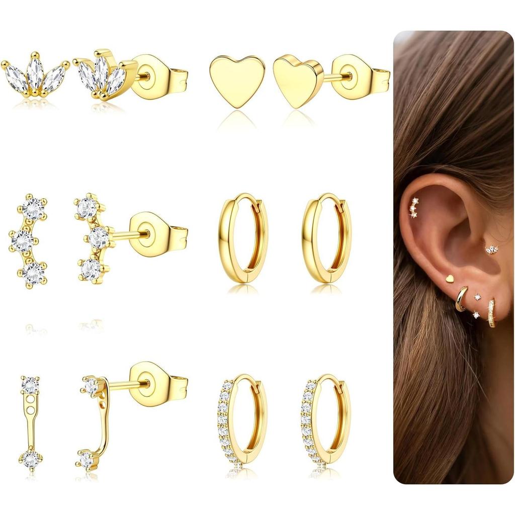 Bobisty 6Pairs Earrings for Women 14K Gold Plated Stud Hoop Stacks Earrings Set 316L Surgical Steel Earring Piercing Jewellery
