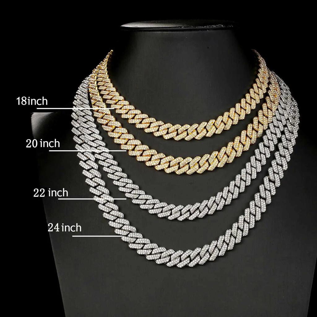 Iced Out 15mm Mens Miami Cuban Link Necklace Hip Hop CZ Cubic Zirconia Bling Prong Cuban Chain