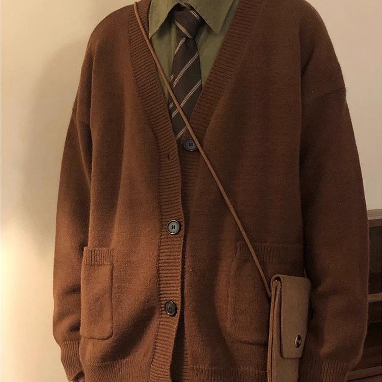 Suéter Cardigan Retrô Universitário Masculino Primavera/Outono 2026 - Tricô Japonês Solto