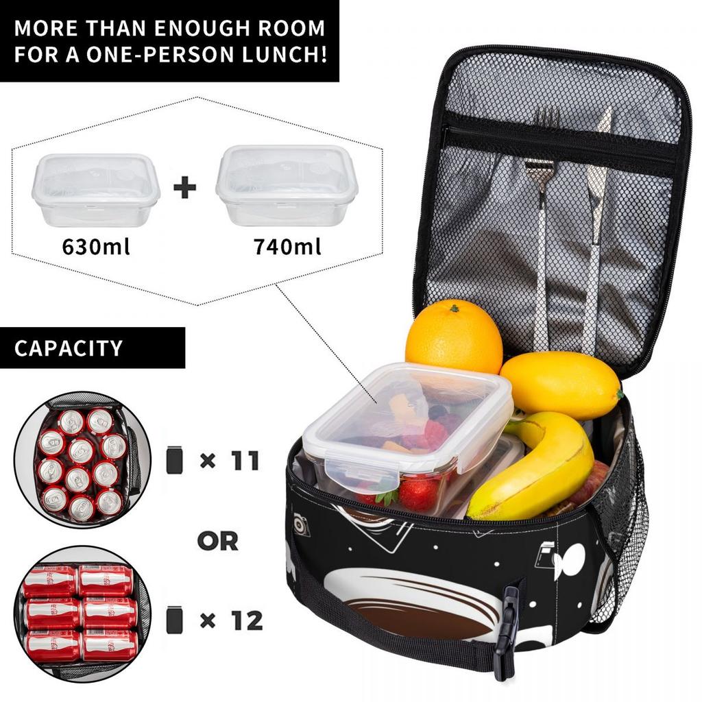 Camera And Coffee Pattern Insulated Lunch Bag for Women Children Leakproof Food Boxes Thermal Lunch Box Tote