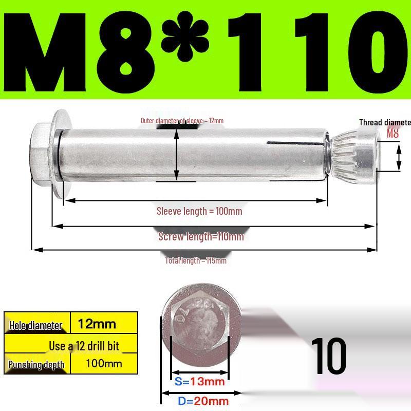 Stainless Steel Expansion Screw: Hexagonal Head with Internal Expansion (304/201), Sizes M6, M8, M10, M12.
