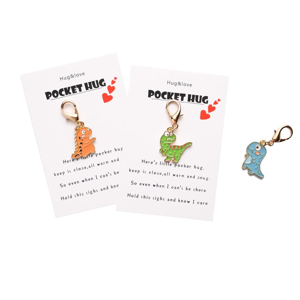 Cute Cartoon Dinosaur Keychain with POCKET HUG English Hug Card and Bag Pendant