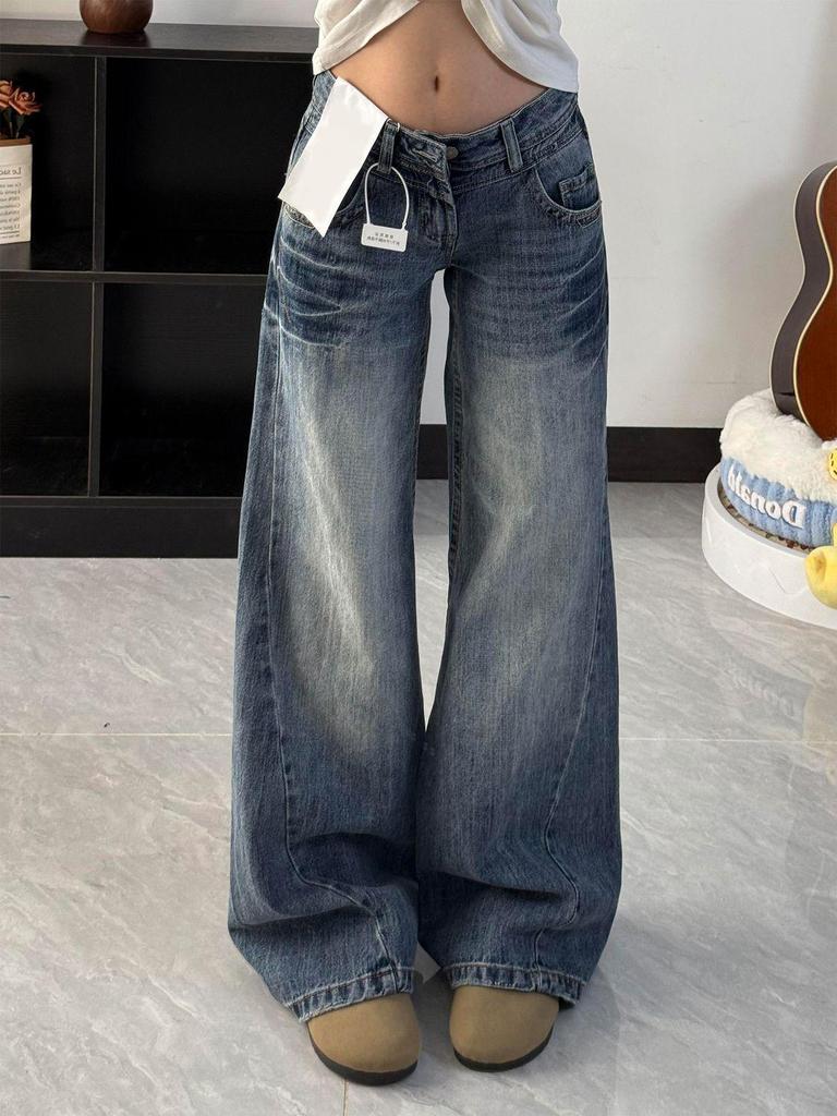 Jeans Donna Micro-Flare Lavati a Vita Bassa - Blu Retrò, Vestibilità Larga, Lunghezza Maxi, Collezione Autunnale Petite