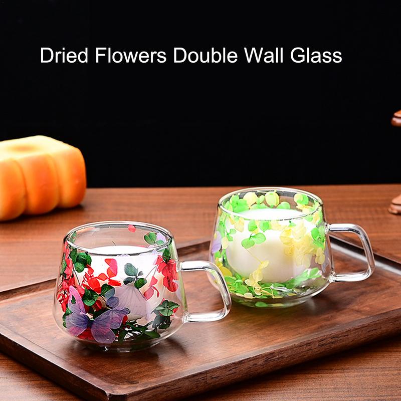 200ml Double Wall High Borosilicate Clear Glass Cup Dried Flowers Glass Tea Cup Coffee Mug with Handle Heat Resistant Tea Cups