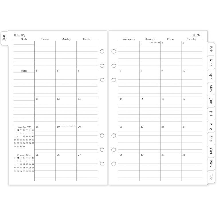 .com : 2026 Weekly & Monthly Planner Refill, A5 Medium Planner erts for 6 Holes, 5.5"x8.5", Jan. 2026 - Dec. 2026, 12 Monthly Calendars with