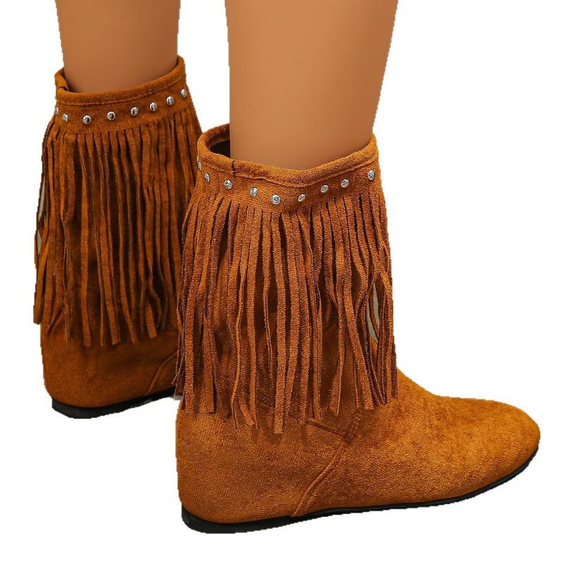Large Size Rivet Western Cowboy Boots Women's Boots Flat Bottom Solid Color Fringed Boots Wish Source