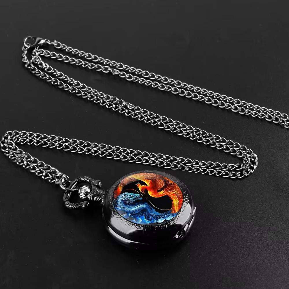 Vintage Retro Dragon Phoenix Chinese Yin yang Quartz Unisex Men Women Pocket Watch Quartz Necklace Pendant Clock Chain  Classic Dial Jewelry Gift