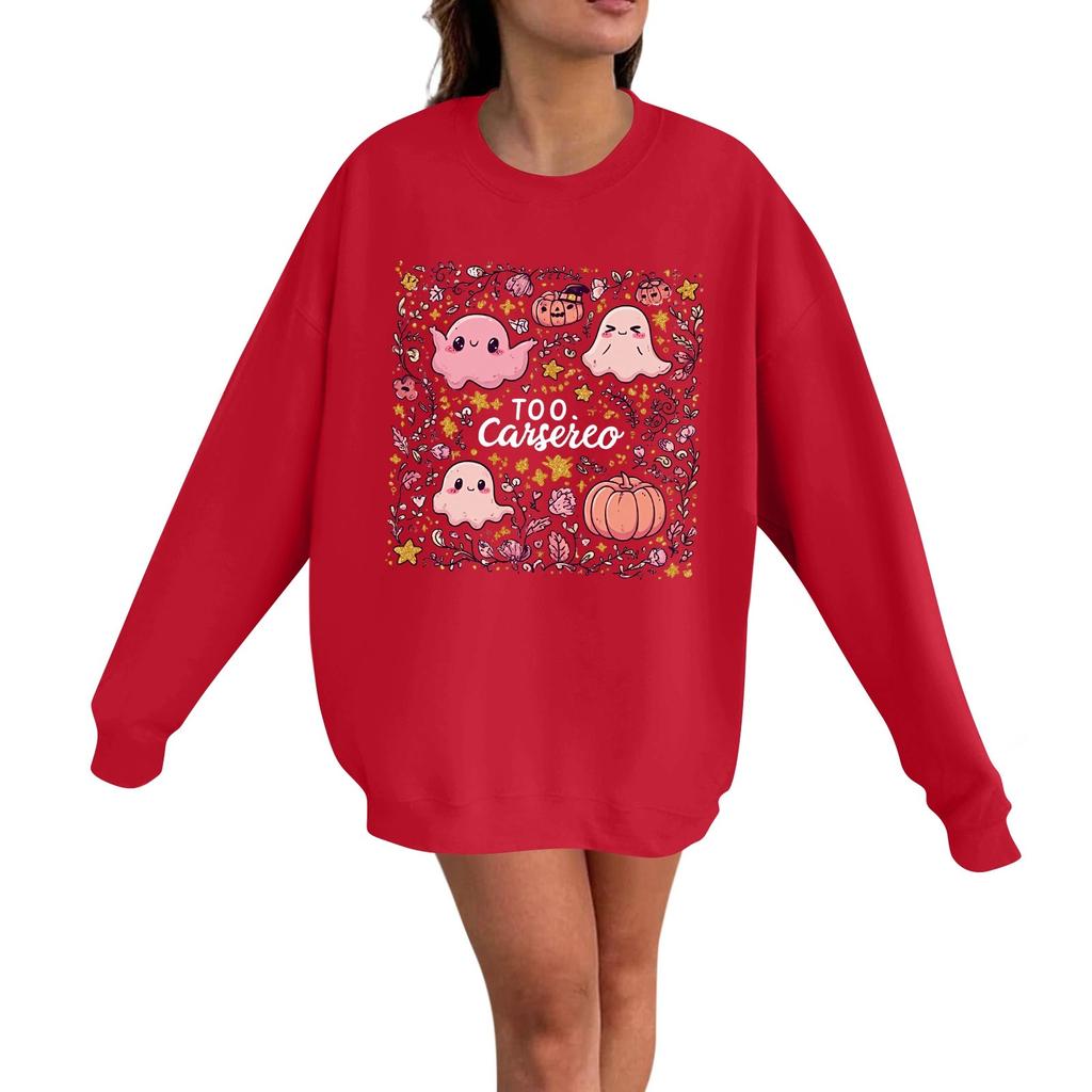 Women's Casual Fashion Long Sleeve Halloween Print Pullover Round Neck Sweatshirt