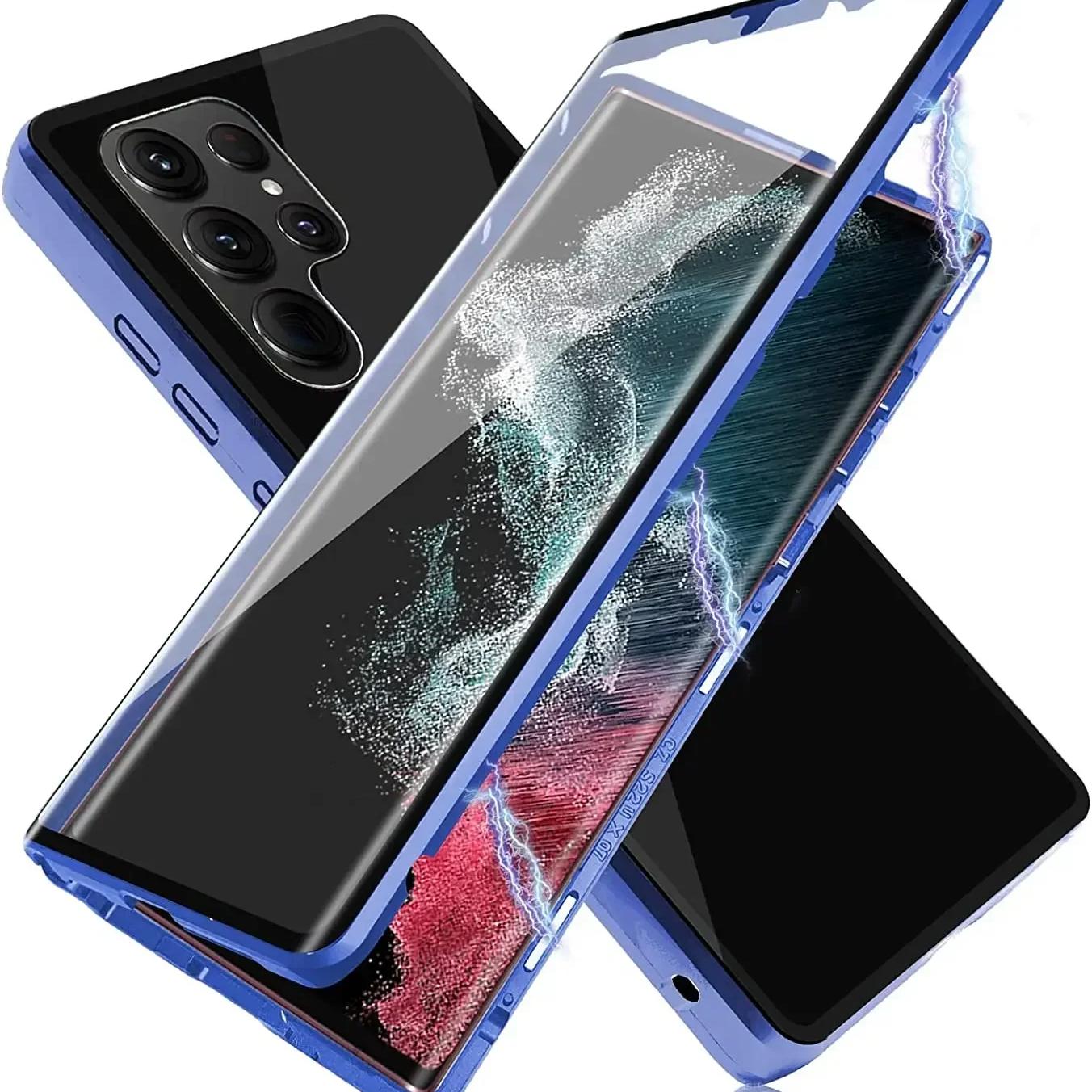 

Металлический магнитный чехол для Samsung Galaxy A56 A36 S22 S23 FE S24 S25 Ultra Plus Двустороннее стекло Адсорбция Закаленное стекло Крышка For Galaxy A56 синий