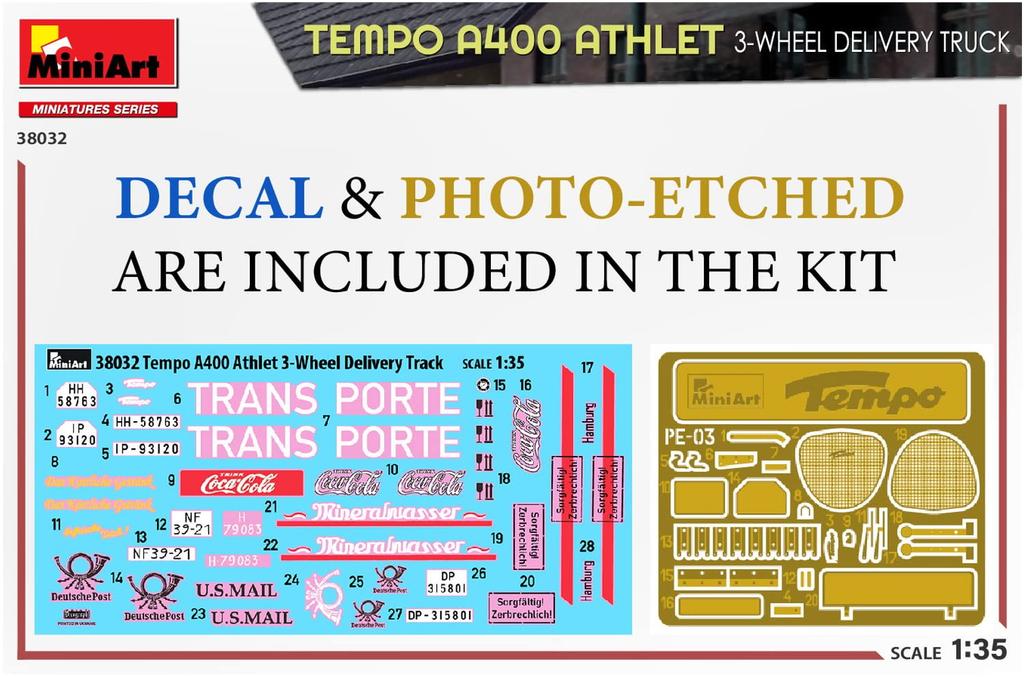 MiniArt Tempo A400 Athlet Delivery Truck Plastic Model Kit MA38032 1/35 3-Wheel