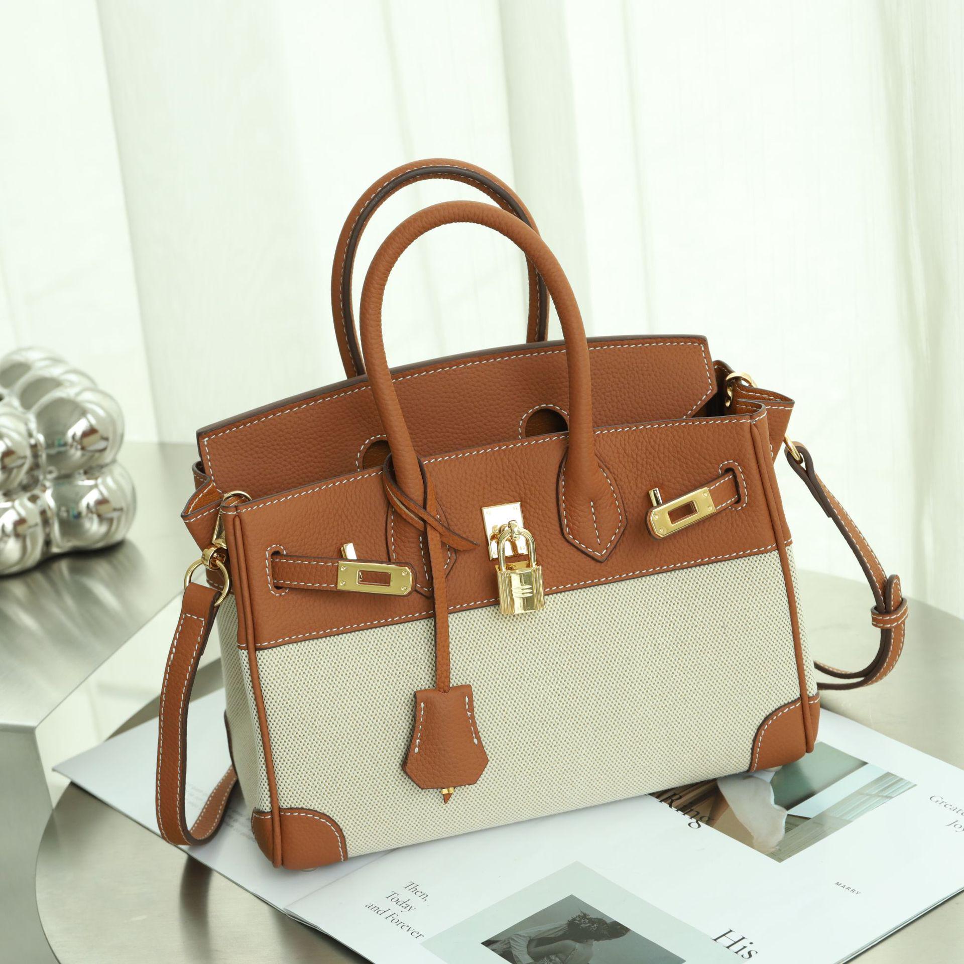 

Женская сумка через плечо из высококачественного холста и натуральной кожи — большая вместимость, повседневная строчка, контрастный цвет, стиль почтальона 25cm x 13cm x 20cm