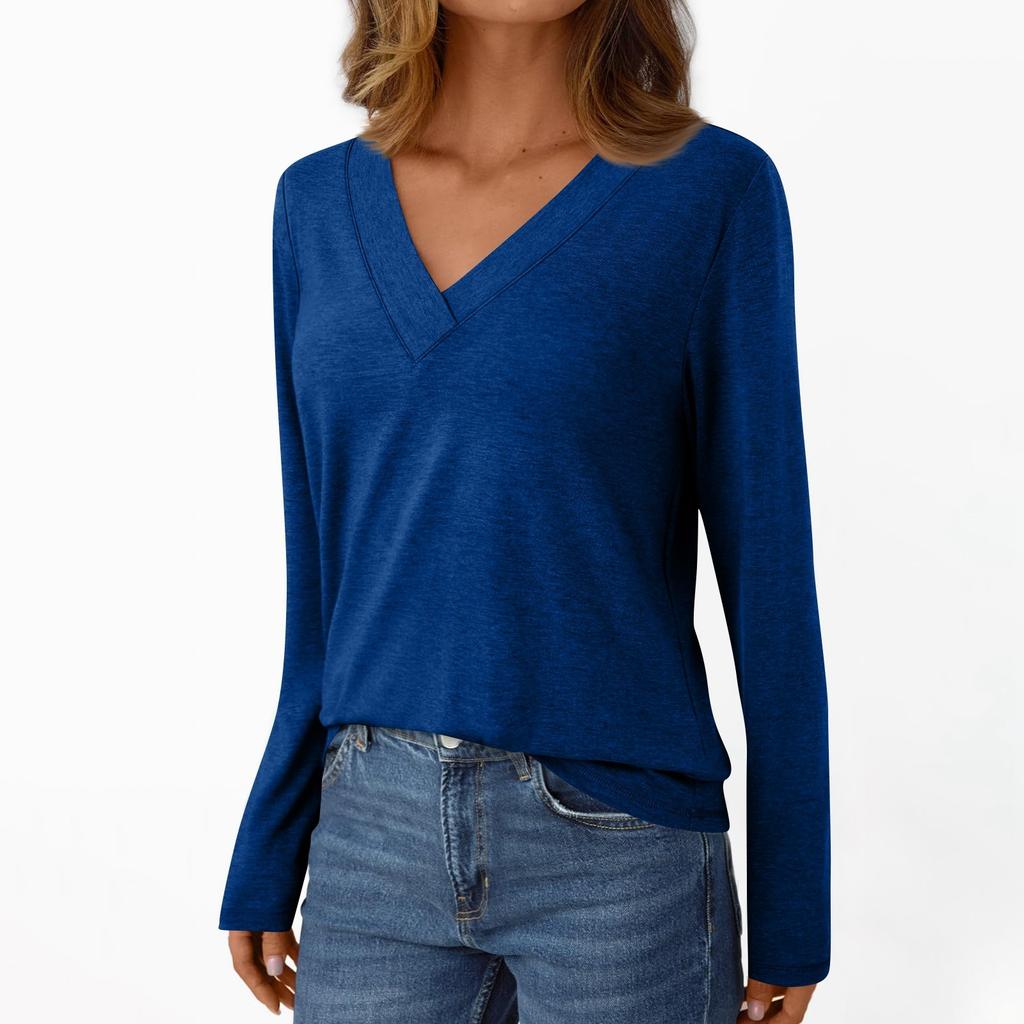 Women's Casual Fashion Brushed Solid Color Long-sleeved V-neck Top T-shirt