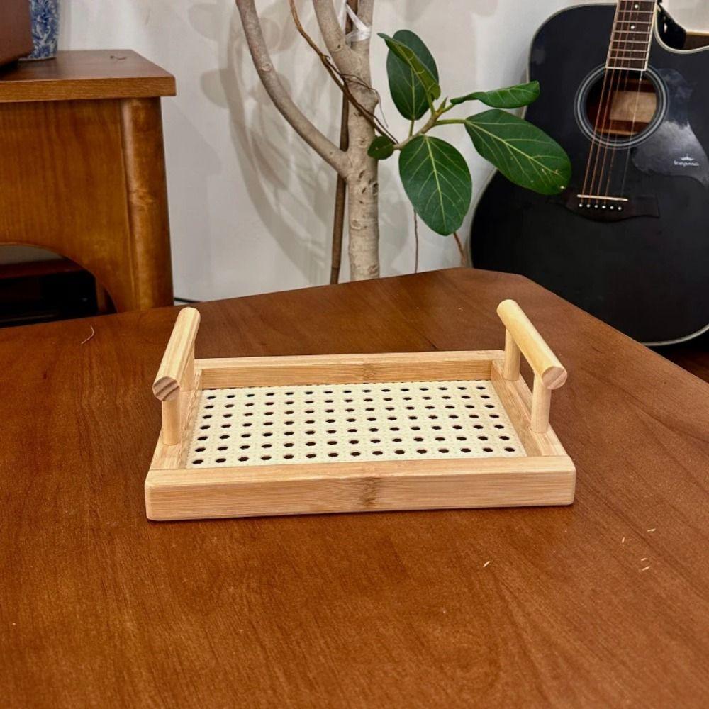 Hollow Serving Tray with Handles Handmade Kitchen Fruit Platter Bamboo Hand-Held Tray  Food