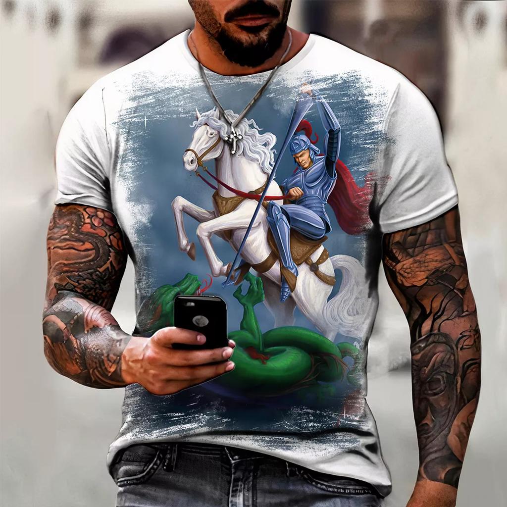 St. George Printed T-shirt Men's Fashion Street T-shirt 3D Printing Casual Round Neck Short-sleeved T-shirt Hip-hop Mens T-shirt