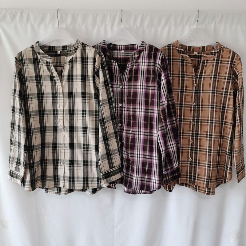 Export Daily Order Tail Goods V Neck Long Sleeves Gingham Shirt Women's Loose Leisure All-Matching Autumn New Literary Style