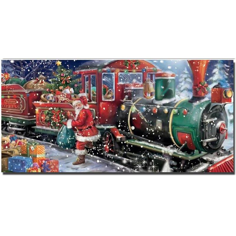 Fantasy Christmas Santa Claus Train Diamond Art 5D Diamond Painting Snowman Snow Mountain Full Drill Embroidery Mosaic Q414