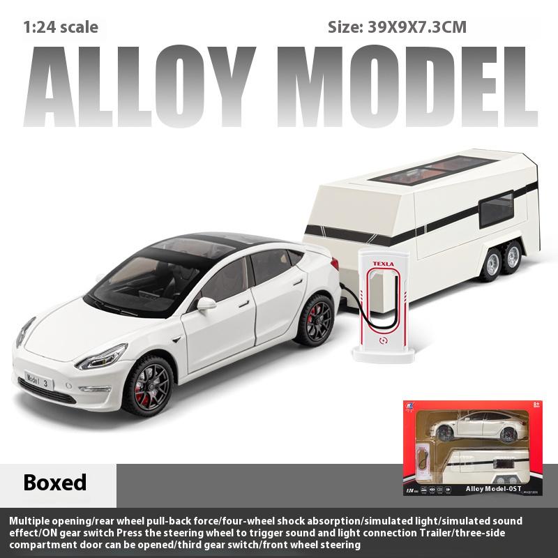1/24 Scale Tesla Model3 Towing RV Alloy Model, Open Door Car Ornaments for Children's Sound and Light Toys To Give Gifts To Boys
