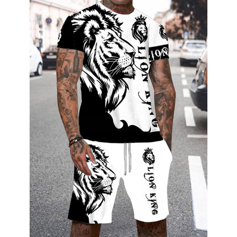 Casual Everyday Short Sleeve+ Shorts 2PCS Set Cool The Lion King 3DPrint T-Shirt +Drawstring Short Set Men's Set Camping