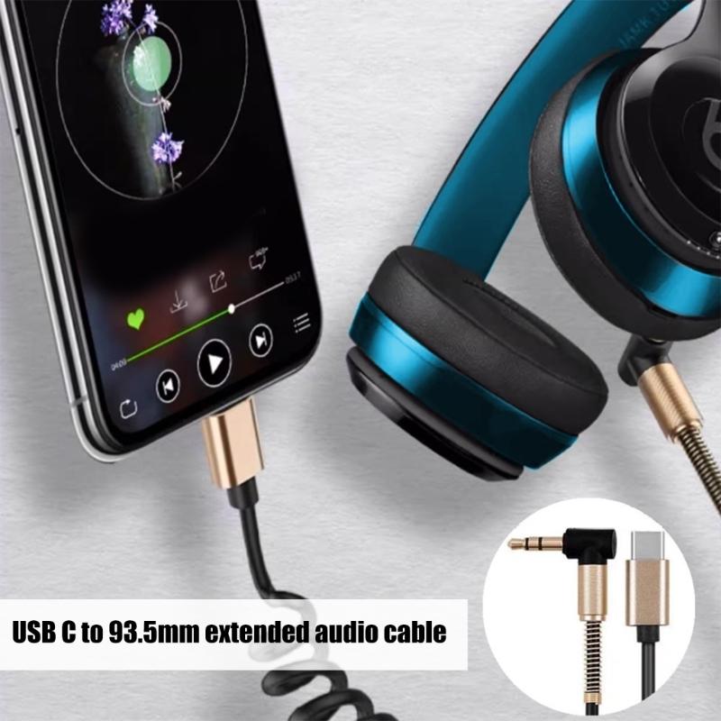 Spring Coiled Type C To 3.5mm Headphone Cable 90 Degree Male Sound Cord Angled Sound Extension Cord for USB C Smartphone