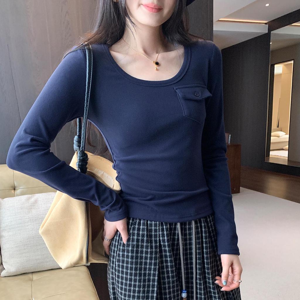 Korean Style Pink U-Neck Slimming Long-Sleeve Women's Base Layer Top for Autumn/Winter