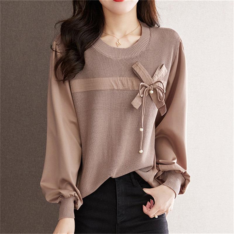 

Новый круглый вырез темперамент элегантный вязаный свитер топ модный иностранный стиль сращивание рубашка свободный большой размер свитер женский One size хаки