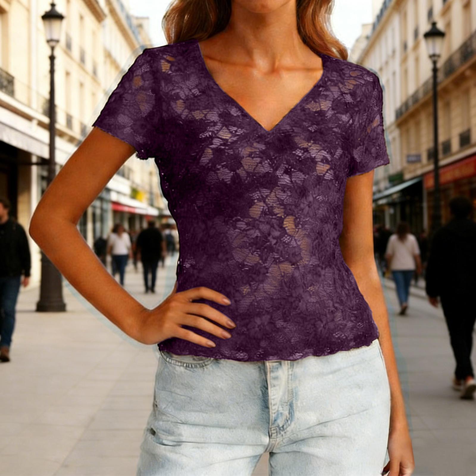

Ladies Casual Lace Base Short Sleeved V-neck Top XXL фіолетовий