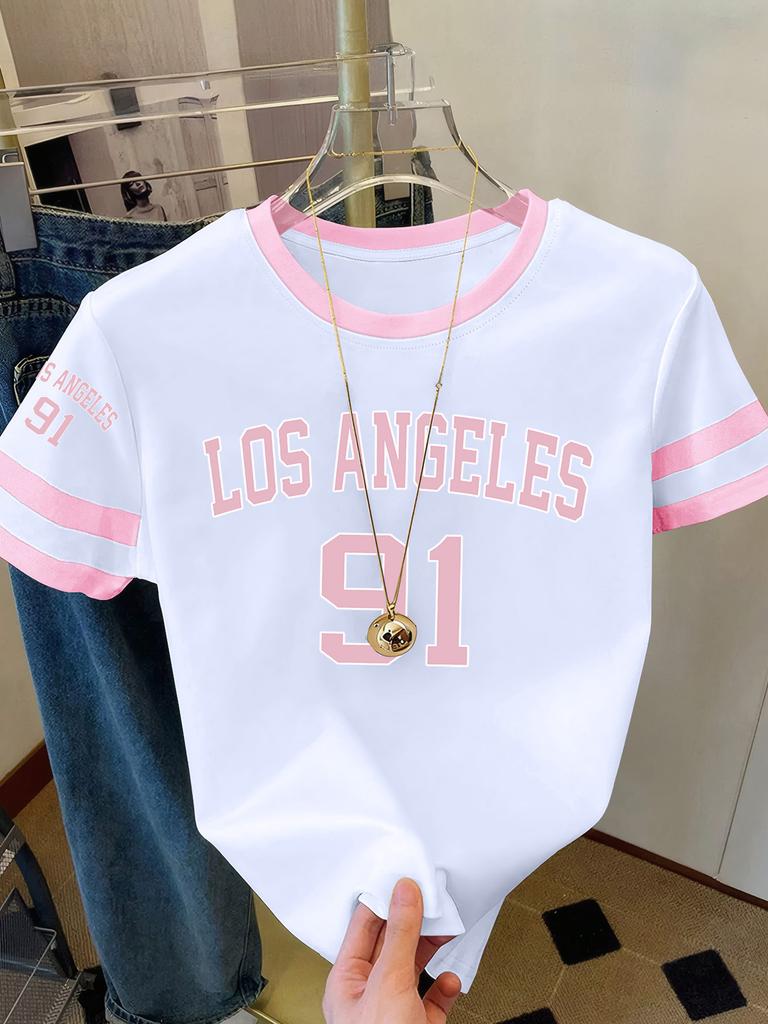 Summer Women's Los Angeles NO.91 Print Round Neck Short Sleeve T-Shirt Summer Graphic Te Jerseys Plus Size Sport T-Shirt Tops