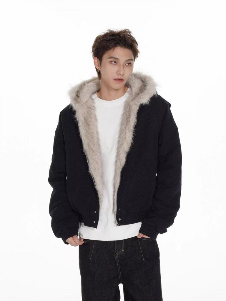 Unisex Retro Deconstructed Silhouette Fur Collar Hooded Jacket for Autumn/Winter