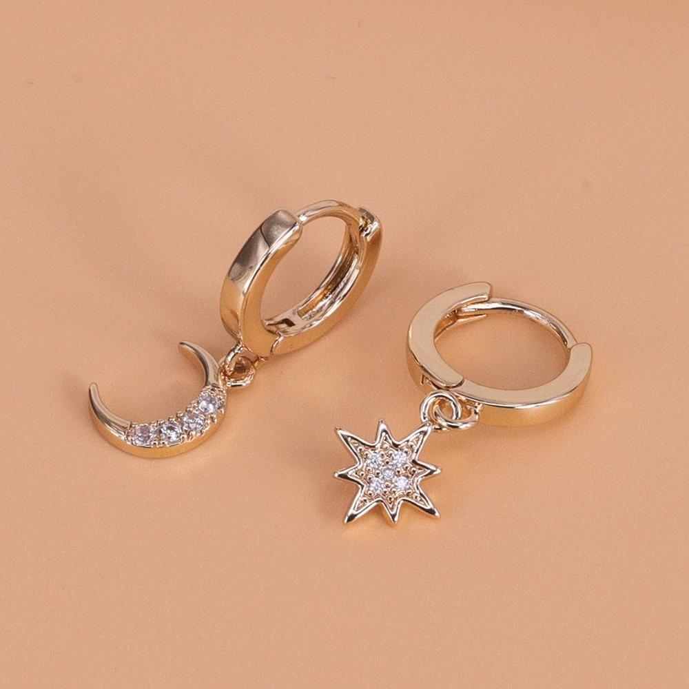 Silver Color CZ Star Moon Asymmetric Hoop Earrings for Women Girls Gold Silver Color Party Jewelry Gifts