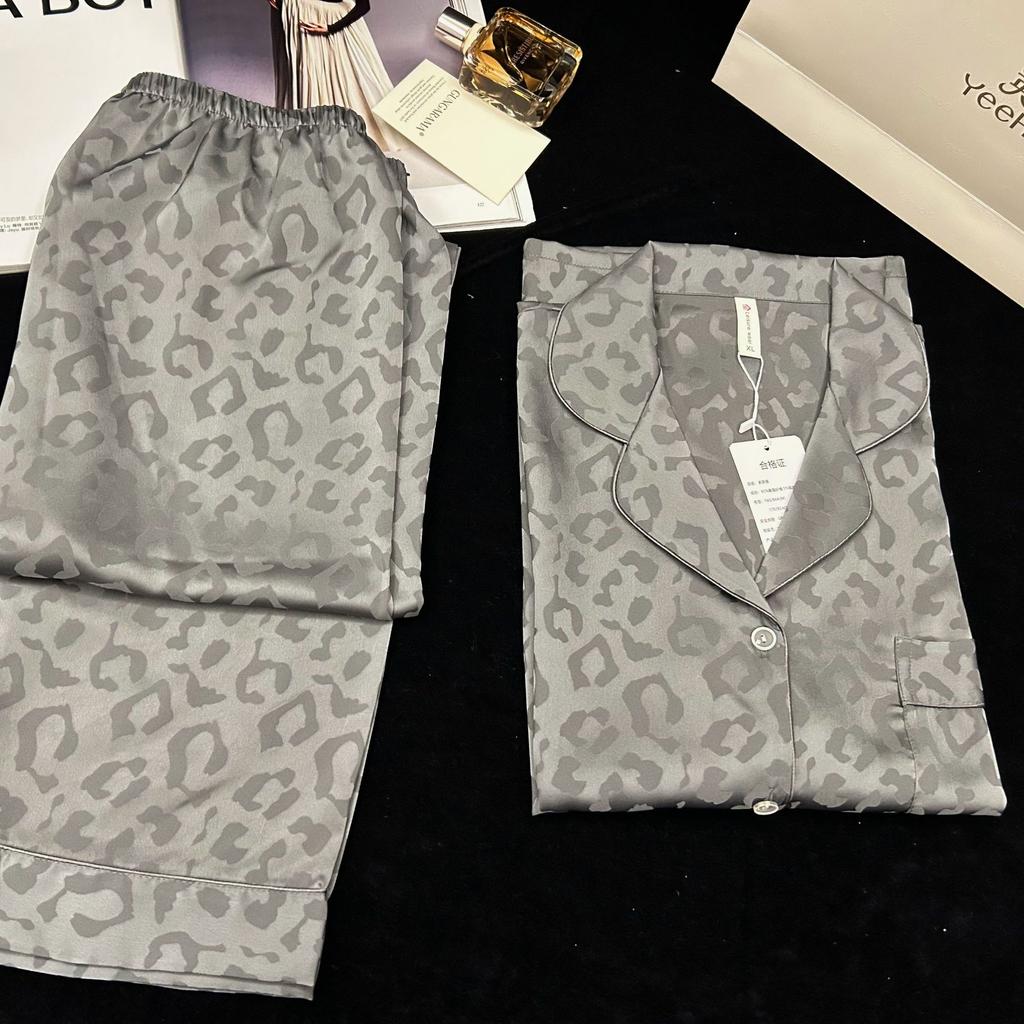 1011 Ice Silk Spring and Autumn Pajamas Women's Leopard Print Jacquard Lapel Long Sleeve Pants Loungewear
