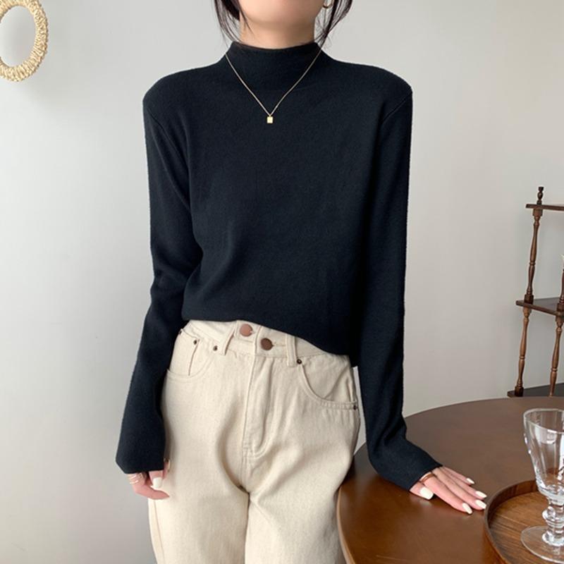 Coffee Semi-turtleneck Stacked Knitted Sweater Women's Autumn and Winter Simple Inner Long-sleeved Bottoming Top Soft Waxy Basic Sweater