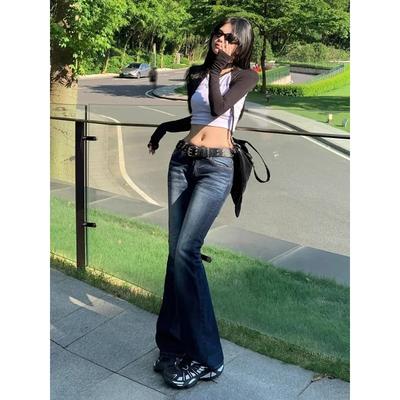 Women's Dark Blue High-Waisted Flared Jeans Slim-Fit Bell-Bottom Denim Pants