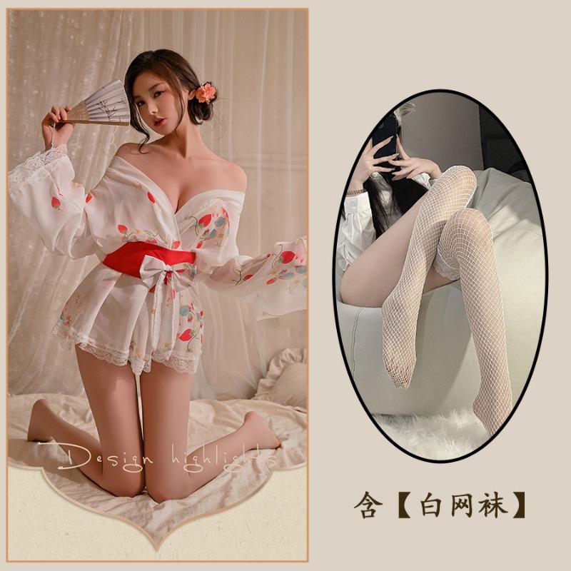 Sexy Perspective Small Chest Kimono Pure Desire Style Nightdress Bathrobe Bow Pajamas Cherry Blossom Girl Suit