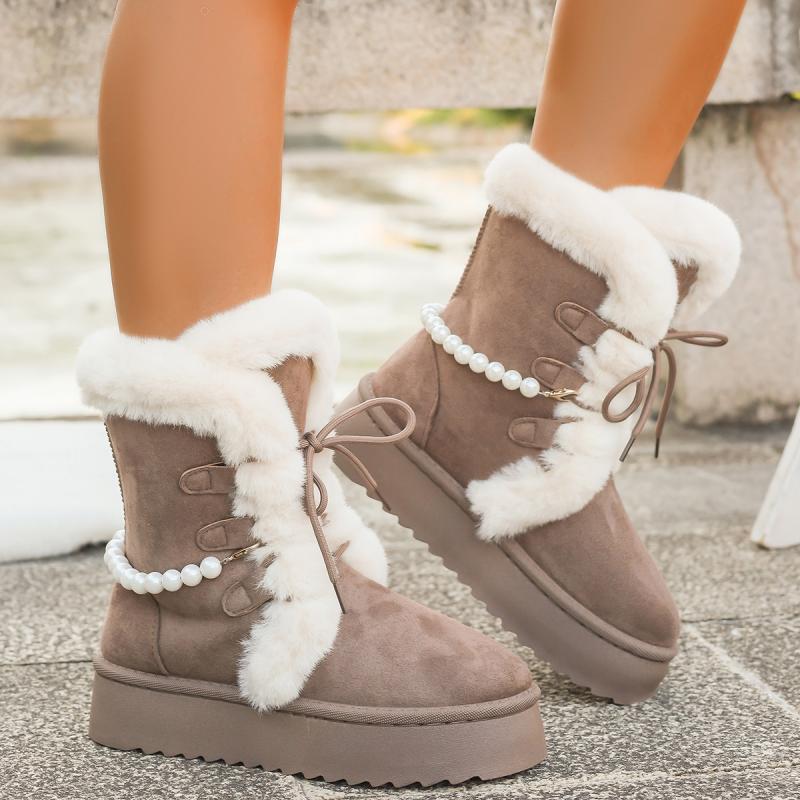 Non Slip Thick Bottom Furry Snow Boots Women 2025 Winter Pearl Bead Fluffy Fur Ankle Boots with Platform Warm Plush Suede Shoes