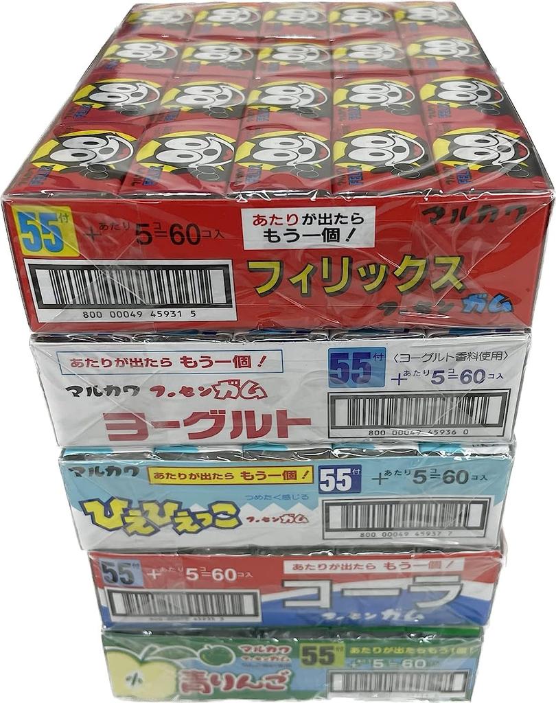 Assortiment de chewing-gums Marukawa, 5 pièces par x 5, total de 300 pièces, morceaux de Felix, 60 morceaux de yaourt, 60 morceaux de cola, 60 morceaux de pomme verte, 60