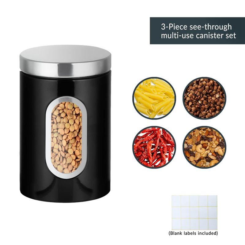 J1UL1N 3 PCS Kitchen Canister Set Black Stainless Steel Suitable For Sugar, Tea, Coffee, Etc -Multi Food Storage Jars